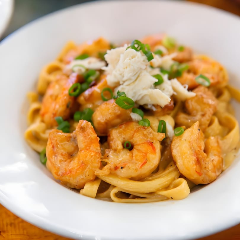 Shrimp and crab pasta with green onions in a white bowl.