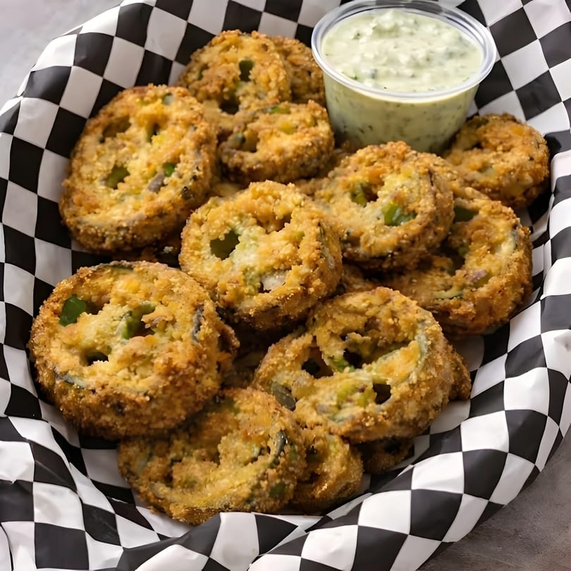 Crispy fried jalapeño slices in a black and white checkered basket with a side of creamy dipping sauce.